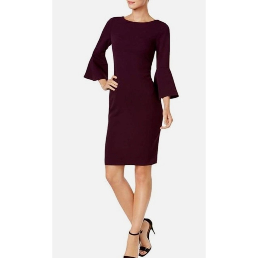 Calvin Klein Burgundy Bell Sleeve Sheath Dress Size 8 Petite Maroon Gold Zip
